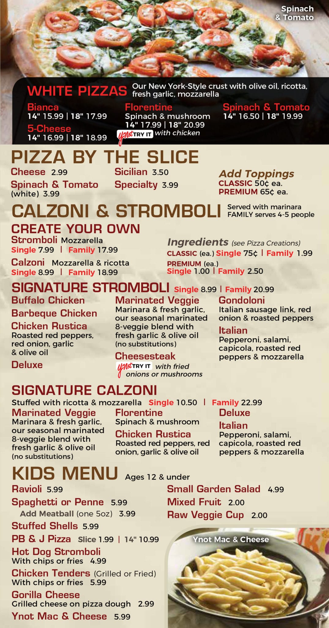 Full Italian Restaurant Pizza Menu Ynot Pizza & Italian Cuisine